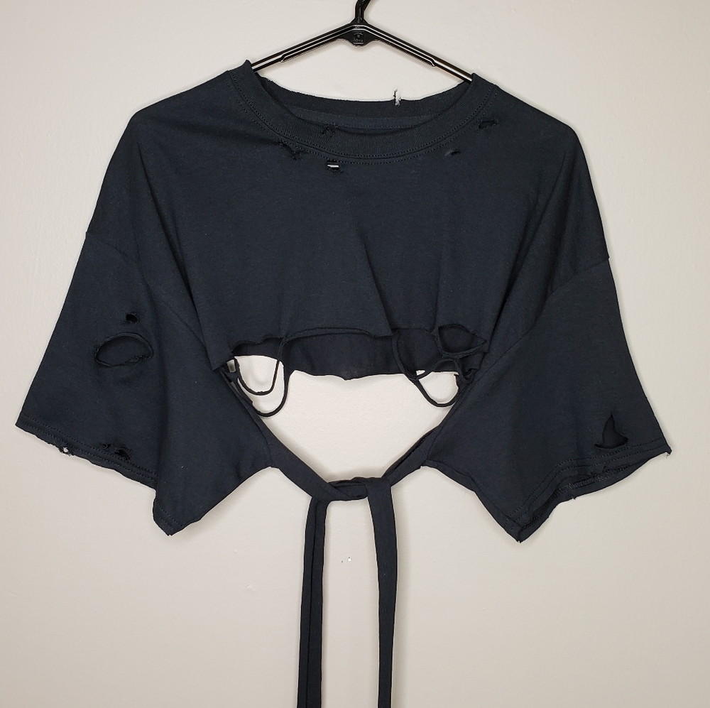 Destructed Crop Tee with Ribcage Ties